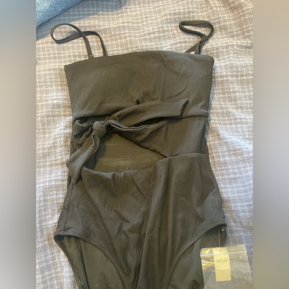 Black one piece bathing suit. Medium Long